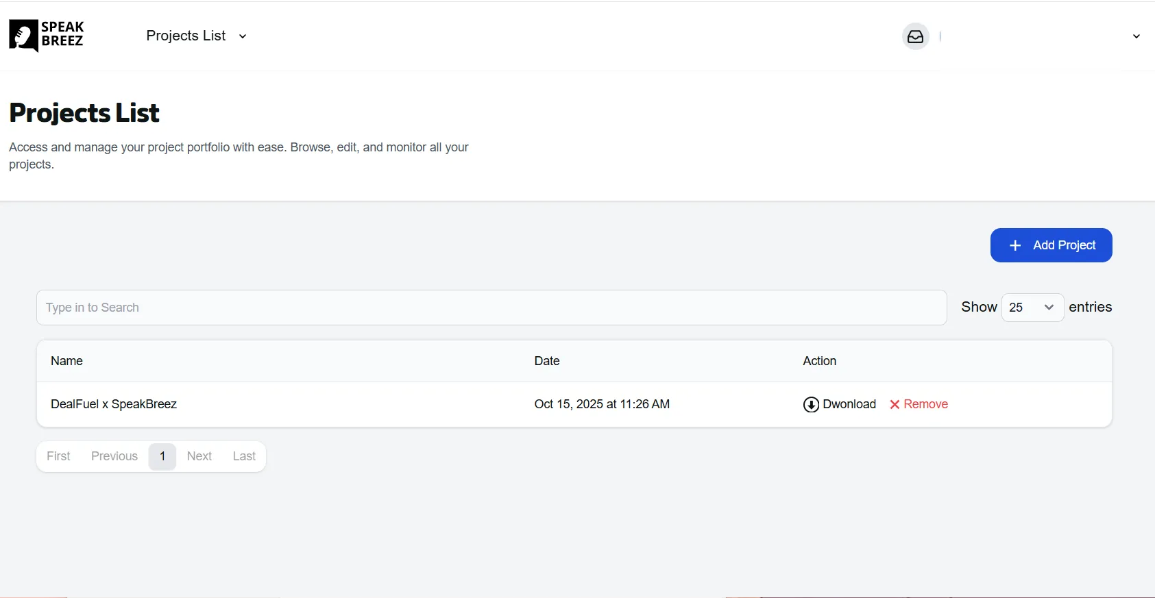 Project Lists Screen 