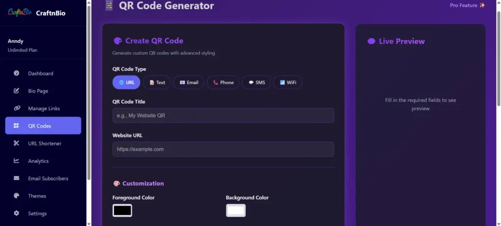 QR Code Generation In CraftnBio Link In Bio Creator