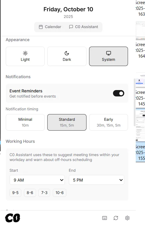 Settings Of C0 AI Calendar App