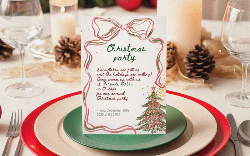 Christmas party invitation with festive tree and ribbon illustrations, set on a decorated dining table with candles and pinecones.