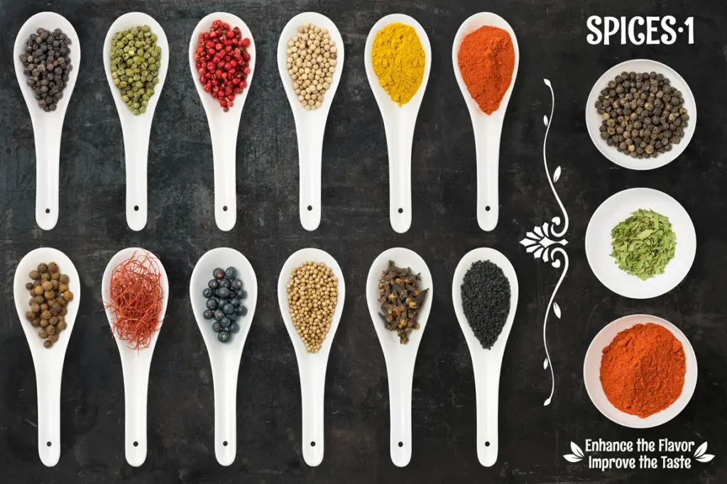 Fifteen ceramic spoons and three bowls filled with colorful spices like peppercorns, cardamom, and chili powder on a dark background