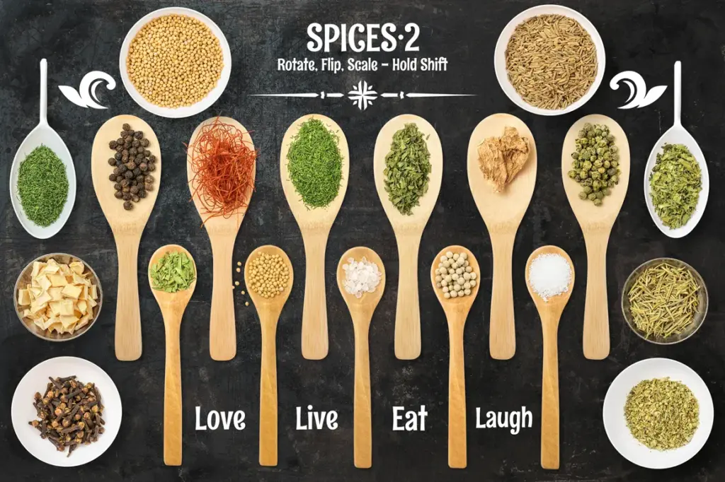 Wooden and ceramic spoons with spices like saffron, garlic, salt, and coriander, labeled with “Love,” “Live,” “Eat,” “Laugh.”