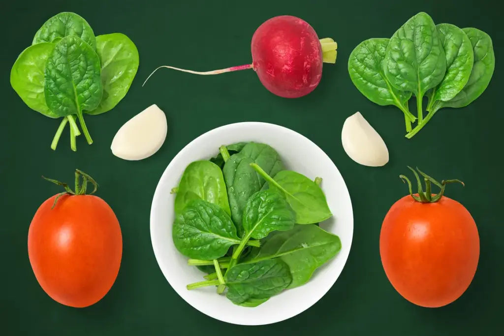 White bowl of spinach surrounded by tomatoes, garlic cloves, radish, and loose spinach bunches on a dark green background
