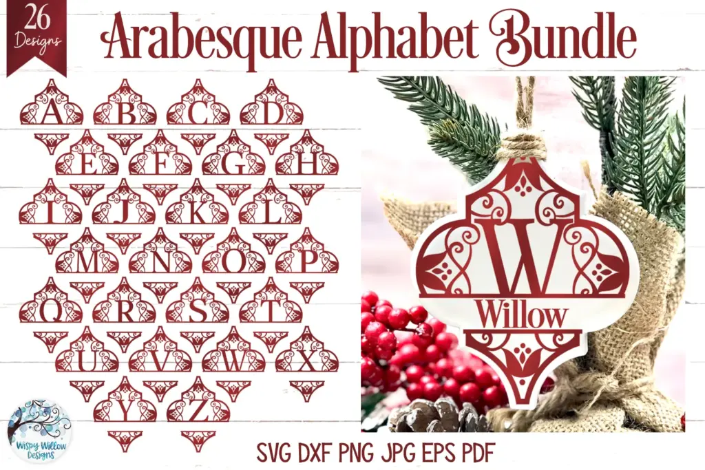 Alphabet ornament bundle with 26 arabesque-shaped designs featuring ornate letters A–Z and customizable names below, shown with example “W for Willow.”