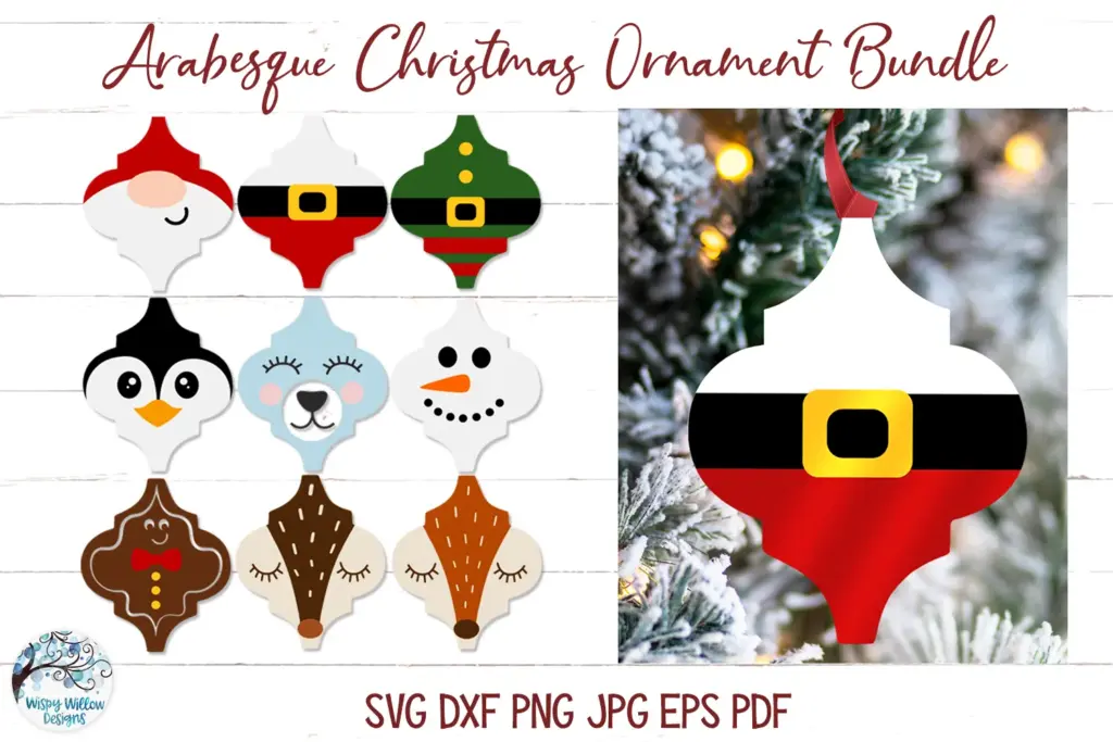 Set of 9 arabesque-shaped Christmas ornaments featuring festive character faces including Santa, Elf, Penguin, Reindeer, and Gingerbread, ideal for holiday crafting.