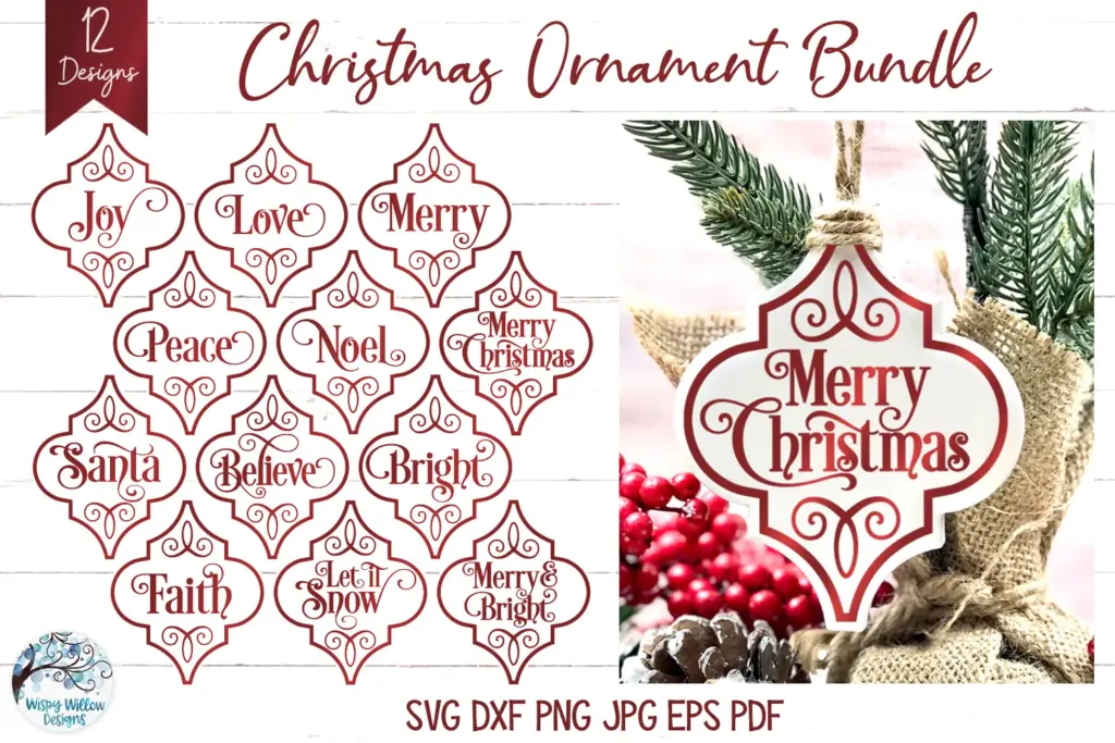Elegant ornament bundle with 9 arabesque-shaped designs featuring swirling script phrases like “Merry Christmas,” “Peace,” and “Believe,” in red and white.