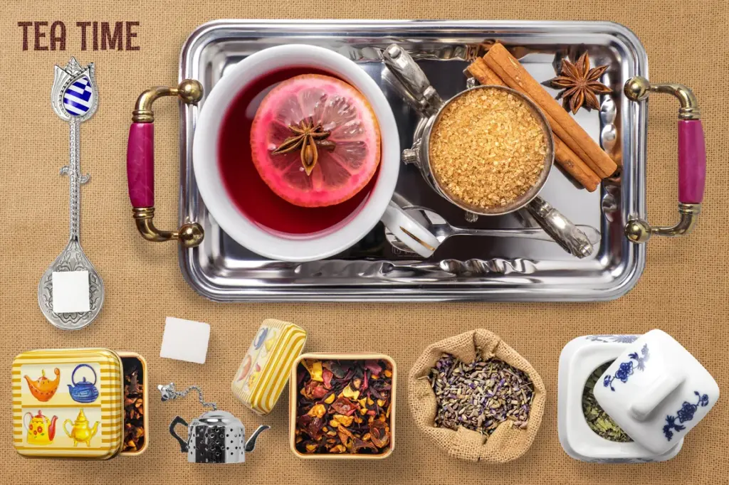 A tray with red tea, lemon, star anise, cinnamon, and sugar, surrounded by tins and containers of dried tea leaves and herbs