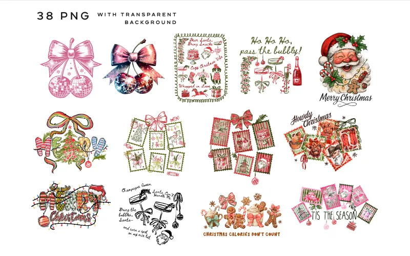 Christmas PNG graphics on a white background, featuring Santa, cocktail glasses, Christmas stamps in various colors, gingerbread, and holiday bows.