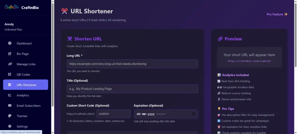 URL Shortner In CraftnBio Link In Bio Creator