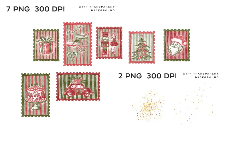 Christmas-themed postage stamp illustrations featuring Santa, nutcracker, tree, gifts, and glitter accents in a nostalgic style.