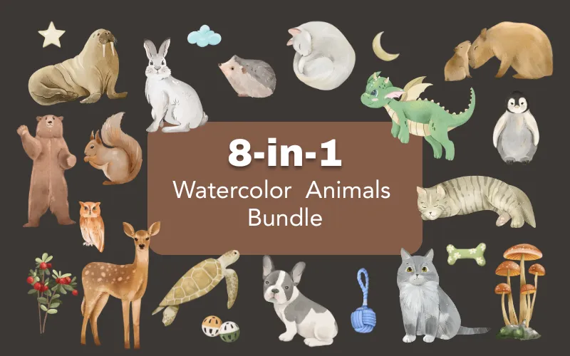 8-in-1 Watercolor Animals Bundle Feature Image