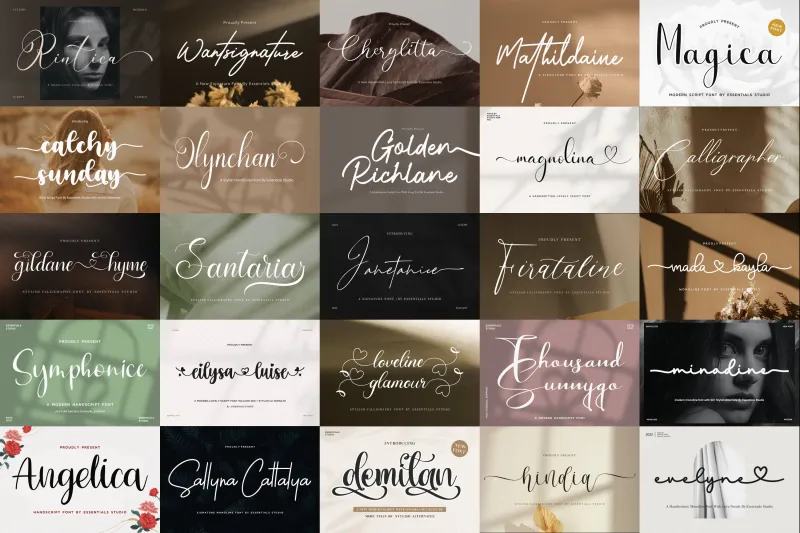 Grid showing a collection of over 20 wedding calligraphy and script fonts including Rintica, Symphonice, and Golden Richlane.