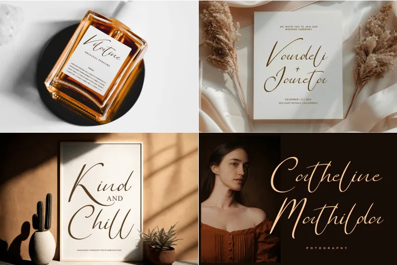 Eelegant script fonts used for perfume labels, wedding invitations, and home decor text.