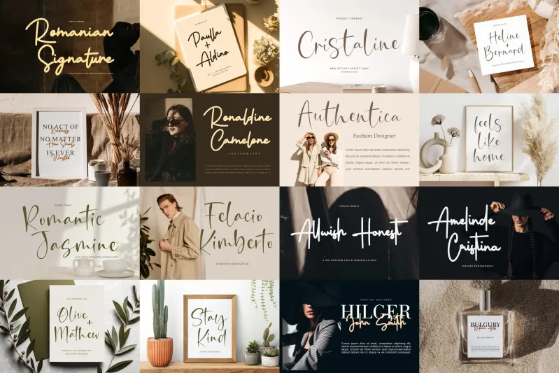 Collage showing various signature and script fonts including Romanian Signature, Cristaline, Ronaldine Camelane, and Romantic Jasmine.