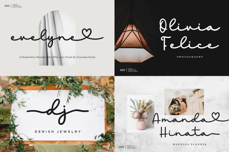 Handwritten monoline fonts with heart swashes including Evelyne and Amanda Hinata, used for logos and wedding text.