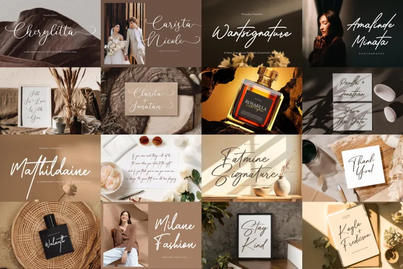 Collage showing various signature and script fonts including Cherlyttta, Want Signature, Matthilda, and Fatmine Signature.