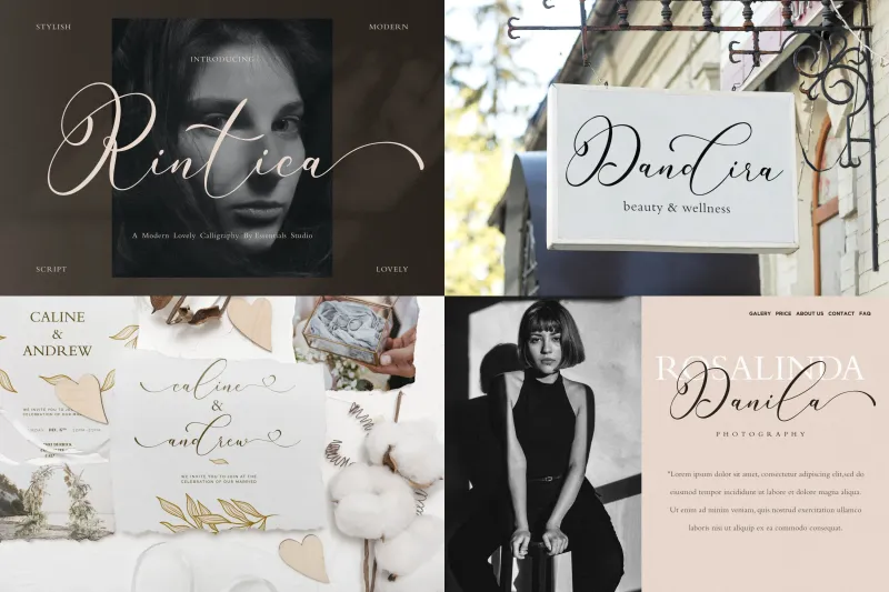 Rintica modern lovely calligraphy font with branding and wedding card examples.
