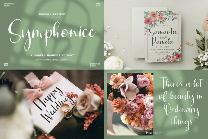 Symphonice modern handscript font and wedding invitation/decor examples.