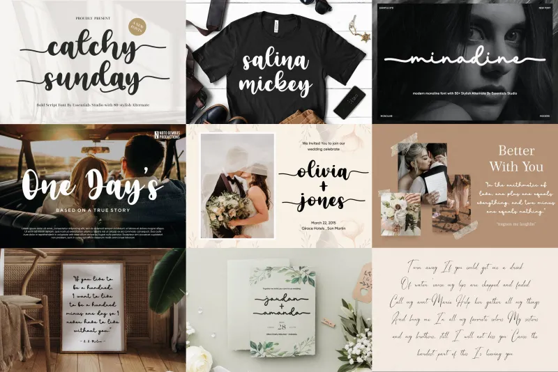 Collage showing font previews including Catchy Sunday, Salina Mickey, Minadine, Olivia + Jones, and Jordan + Amanda.