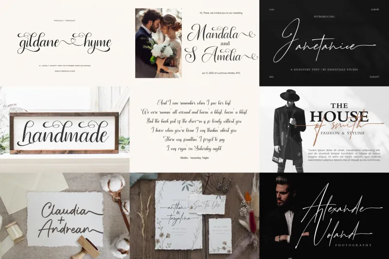 Collage showing font previews including Gildane Hyme, Mandalica & Amelia, Janetahice, Handmade, and Claudia + Andrean.