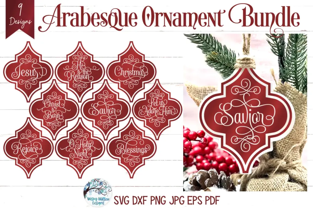 Christmas ornament bundle with 12 arabesque-shaped designs featuring festive phrases like “Joy,” “Santa,” “Let It Snow,” and “Merry & Bright,” in decorative fonts.