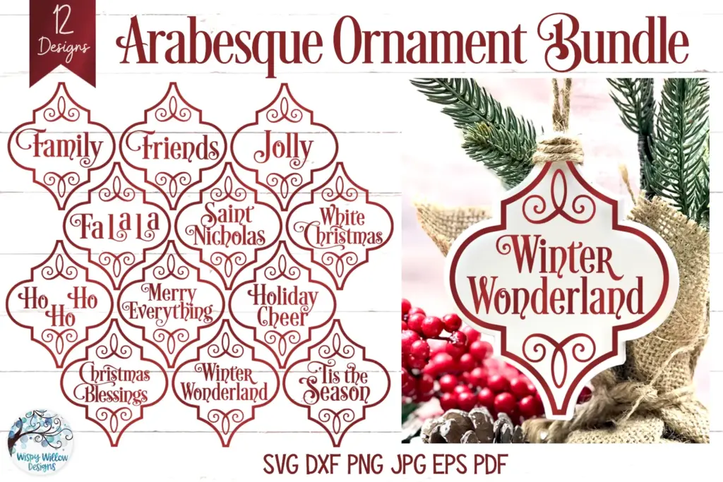 Holiday ornament bundle with 12 arabesque-shaped designs featuring festive phrases like “Fa la la la,” “Saint Nicholas,” “Winter Wonderland,” and “Tis the Season.