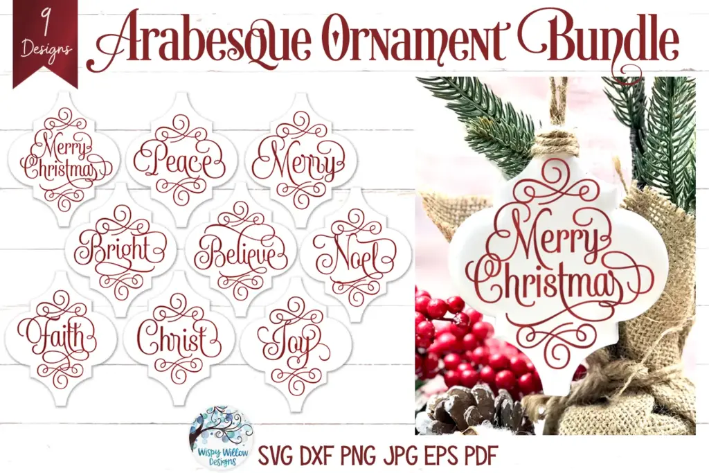 Christian-themed ornament bundle with 9 arabesque designs featuring phrases like “Unto Us a Child is Born,” “Blessings,” and “Glory to the Newborn King.”