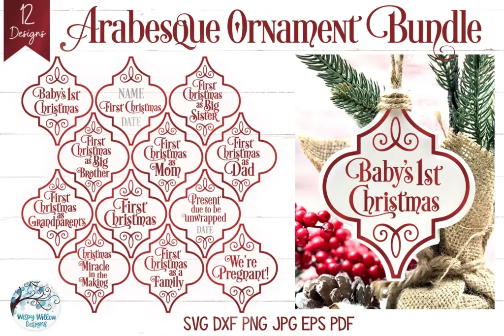 Arabesque ornament bundle featuring 12 milestone-themed Christmas designs like “Baby’s 1st Christmas” and “We’re Pregnant,” in red