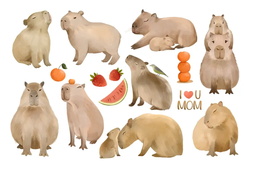 Eleven capybaras in playful poses with fruits and “I ❤ U MOM” text Watercolor Animals