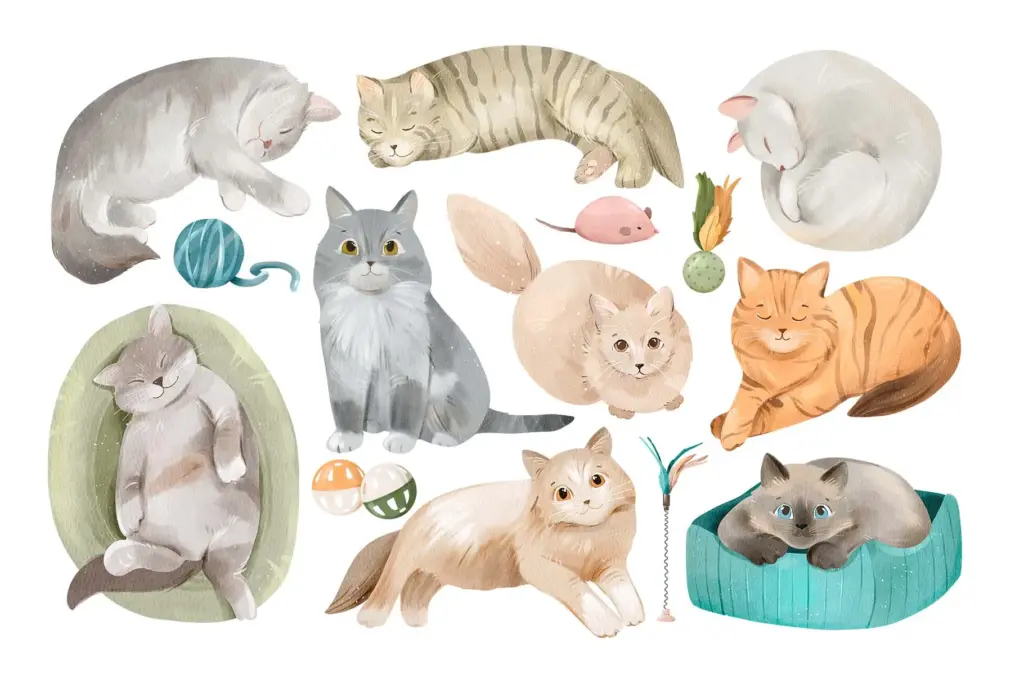 Nine whimsical cats with toys, yarn, and cozy accessories.