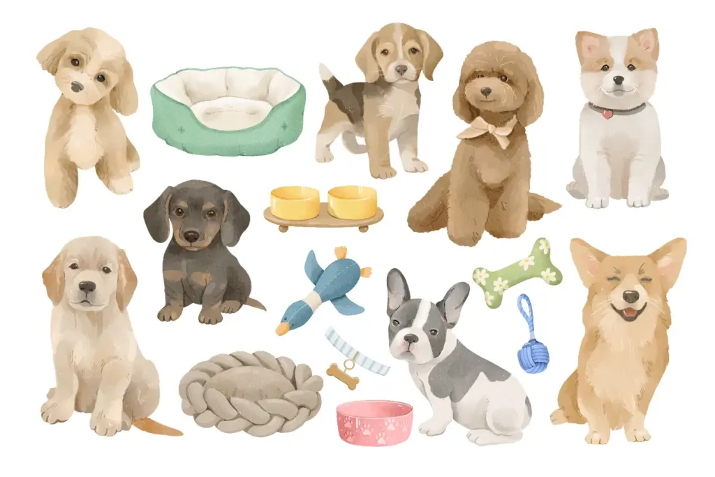 Ten illustrated puppies with beds, bowls, toys, and collars Watercolor Animals