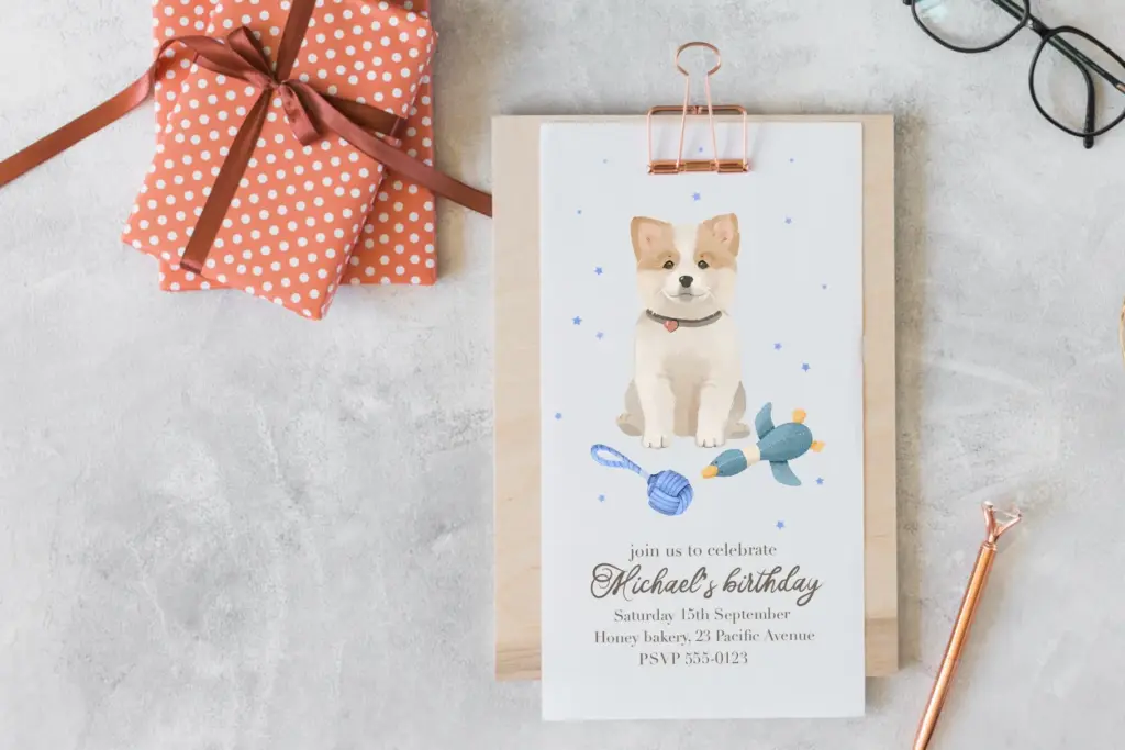 Cute dog with toys on a card for Michael’s birthday party Watercolor Animals