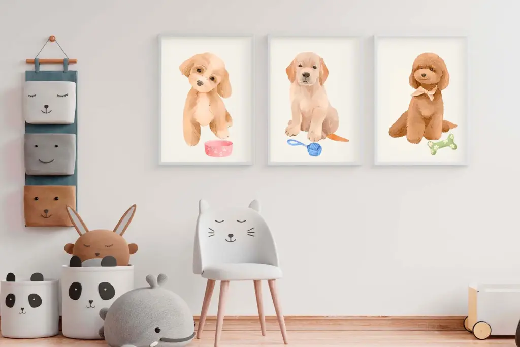 Framed dog art with pastel furniture and panda bins Watercolor Animals