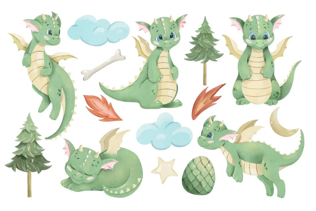 Six green baby dragons with clouds, trees, and fantasy Watercolor Animals