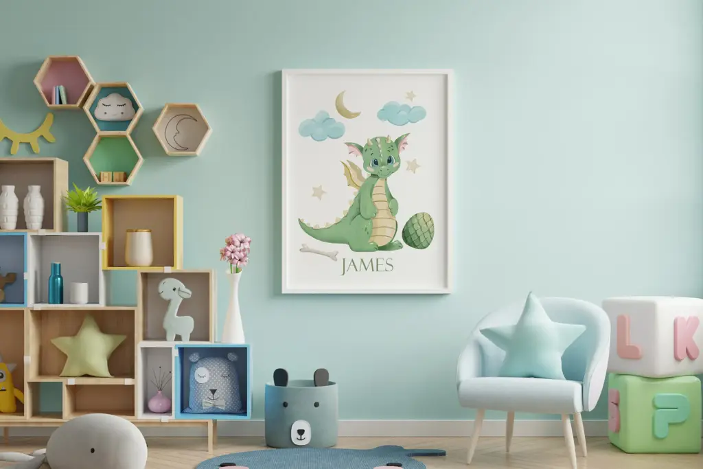 Mint green nursery with framed dragon art and pastel decor Watercolor Animals