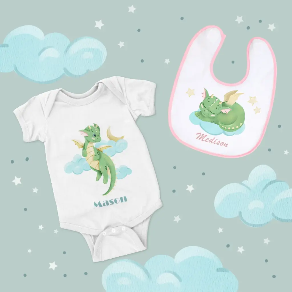 Onesie and bib with green dragons and names “Mason” and “Madison.” Watercolor Animals