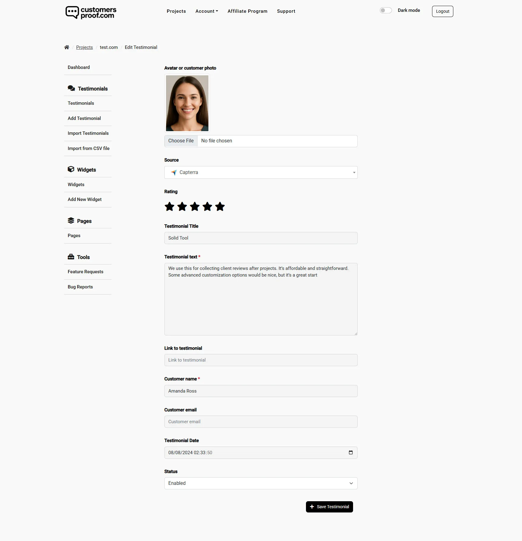 Testimonial editing in CustomersProof Testimonial Collection Tool
