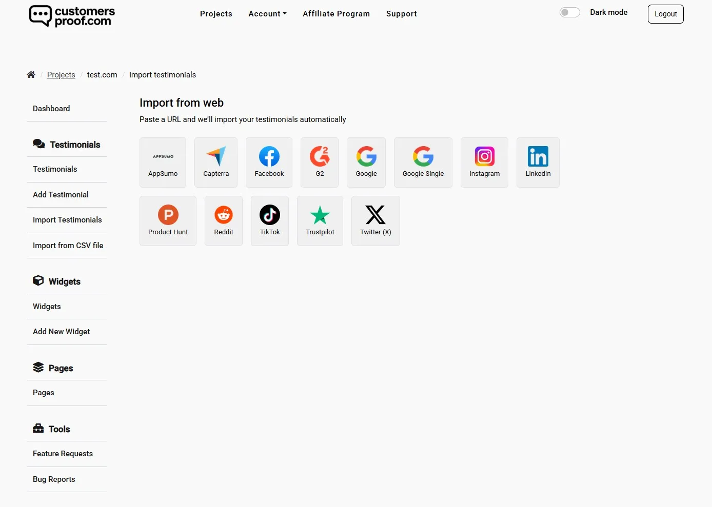 Testimonials import in CustomersProof Testimonial Collection Tool