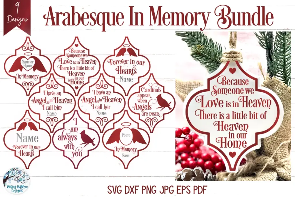 Memorial ornament bundle with 9 arabesque-shaped designs featuring sentimental quotes.