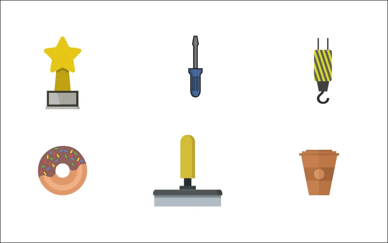 A collage of trophy, screwdriver, crane hook, donut, stamp, and coffee cup miscellaneous icons