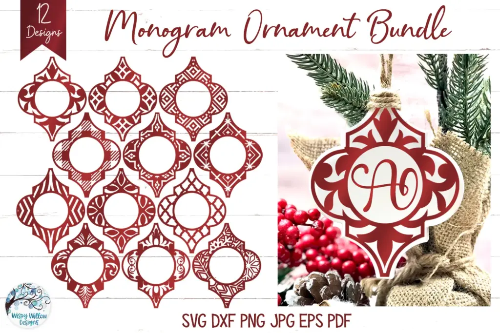 Monogram ornament bundle with 12 arabesque-shaped designs featuring decorative frames.