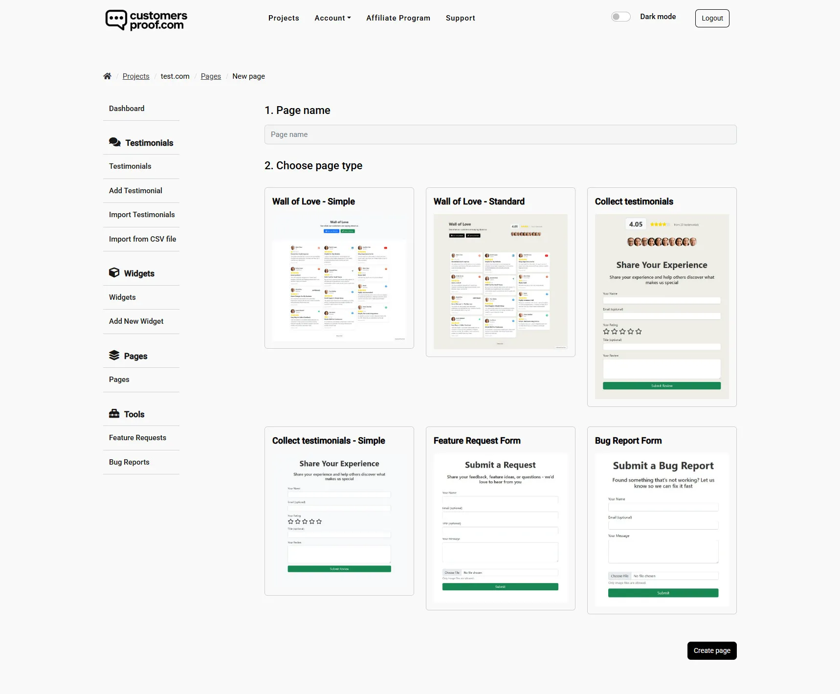 Pages page interface in CustomersProof dashboard