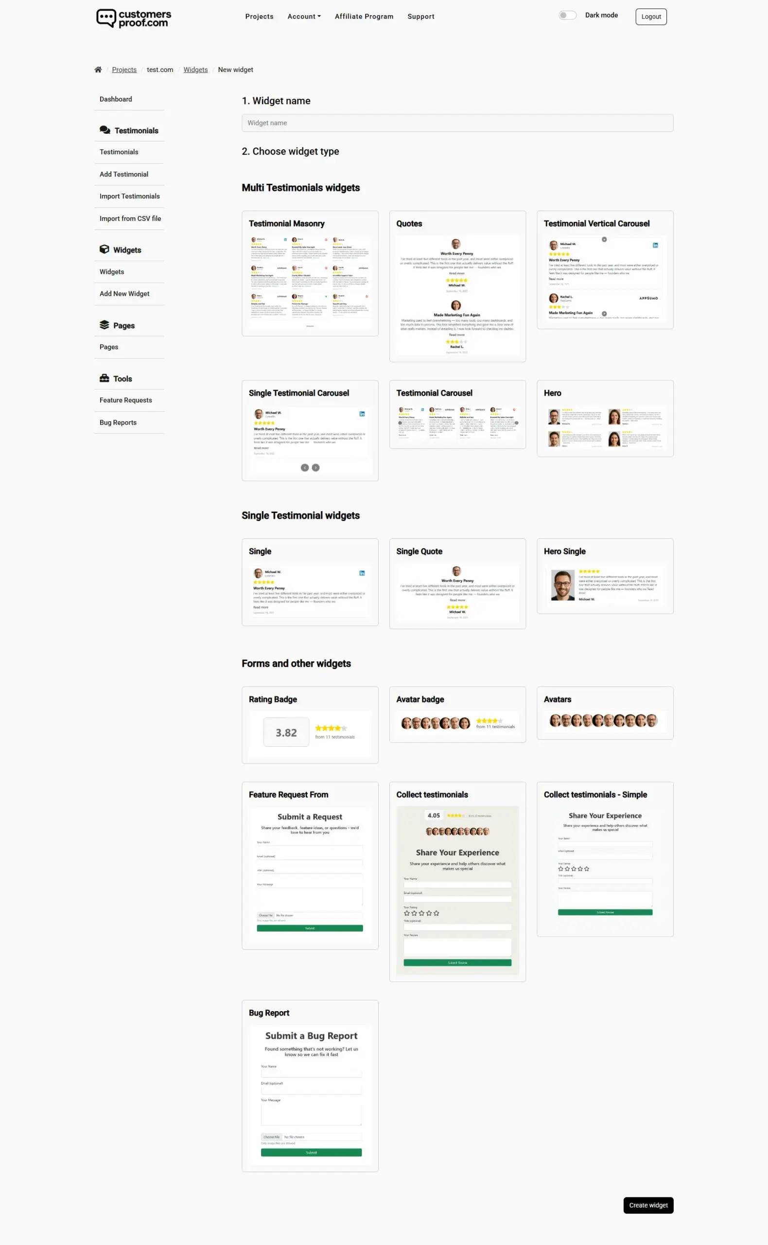 Widgets page interface in CustomersProof dashboard