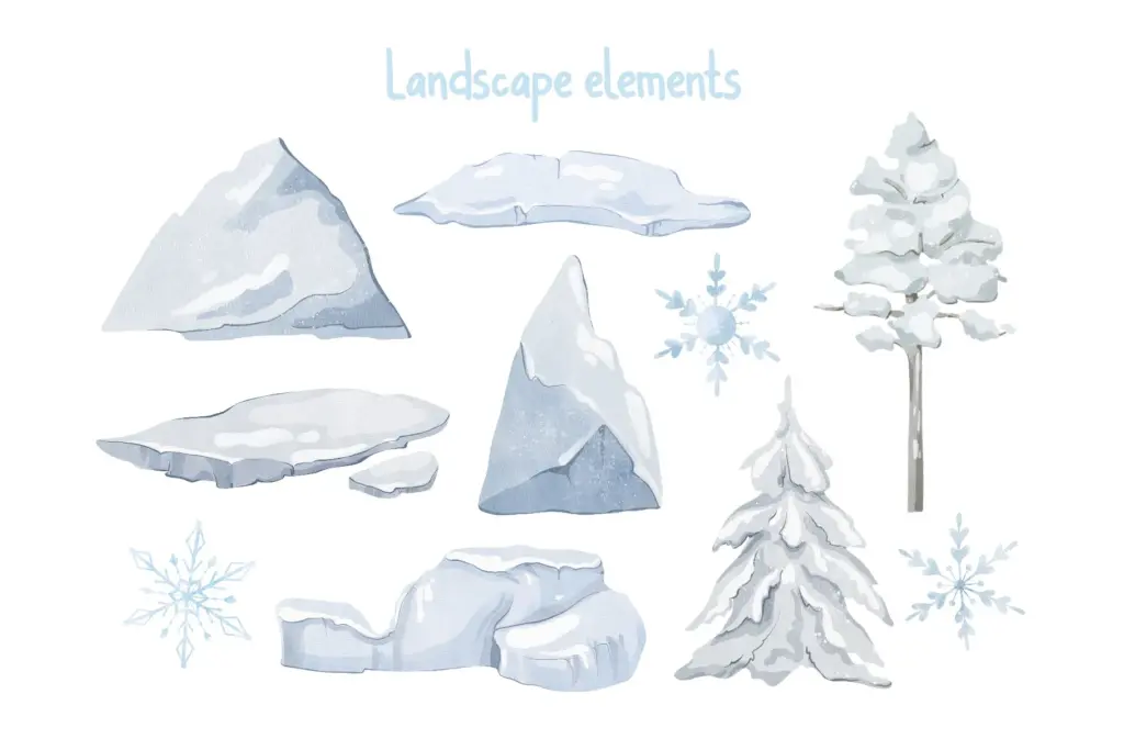 Snowy trees, rocks, snowflakes, and icy terrain