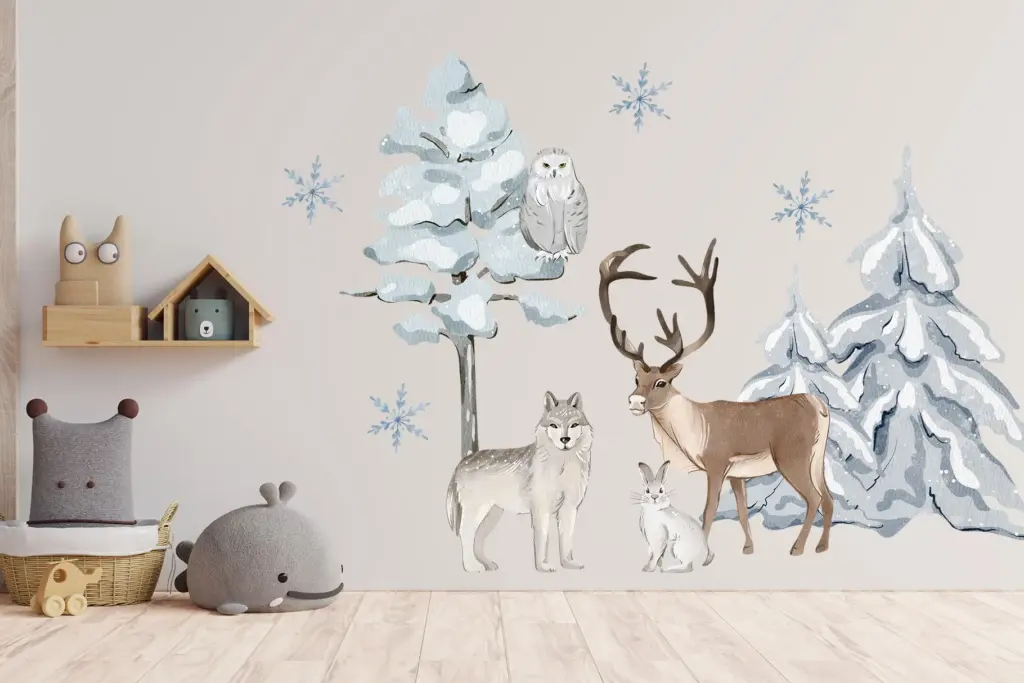 Mural with deer, wolf, rabbit, and snowy trees