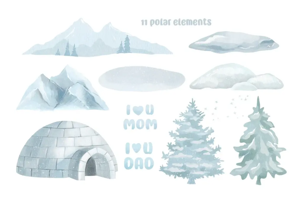 Mountains, igloo, trees, and “I ❤ U MOM/DAD” text, Watercolor Animals