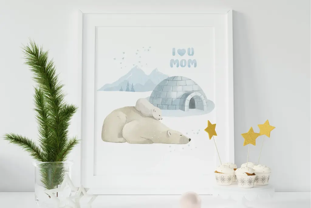 Bear duo with igloo and “I ❤ U MOM” message. Watercolor Animals