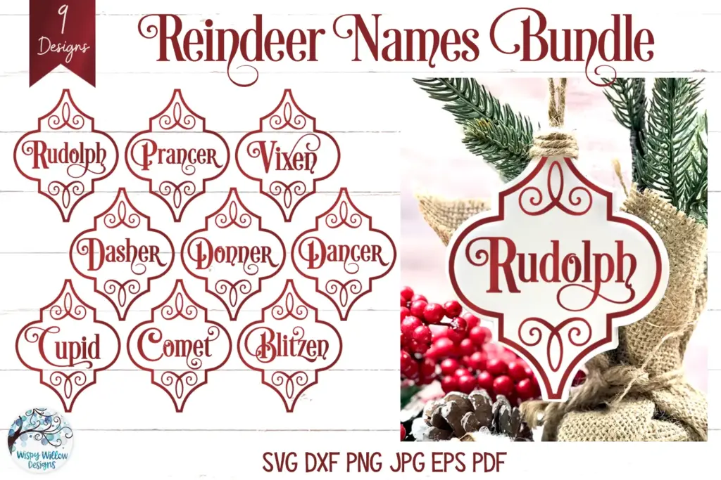 Ornament bundle with 9 arabesque-shaped designs featuring Santa’s reindeer names like “Rudolph,” “Dasher,” and “Blitzen,” in festive red frames.