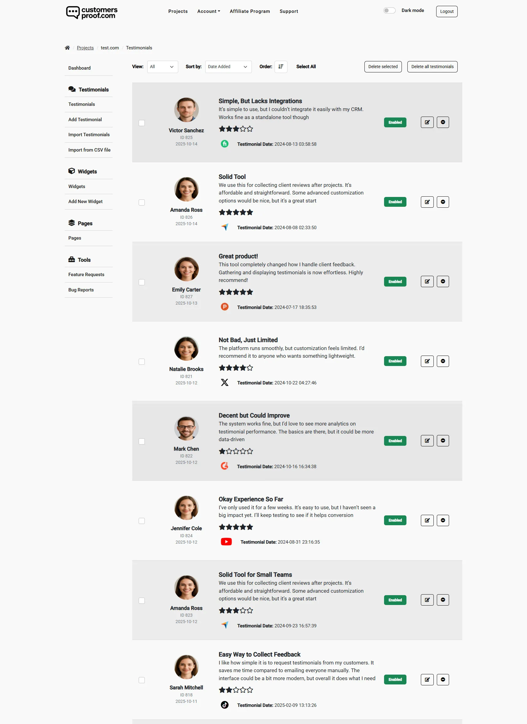 Testimonials page interface in CustomersProof dashboard