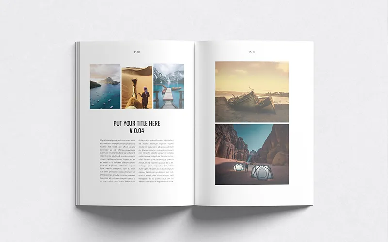 Open photo book with travel images and text